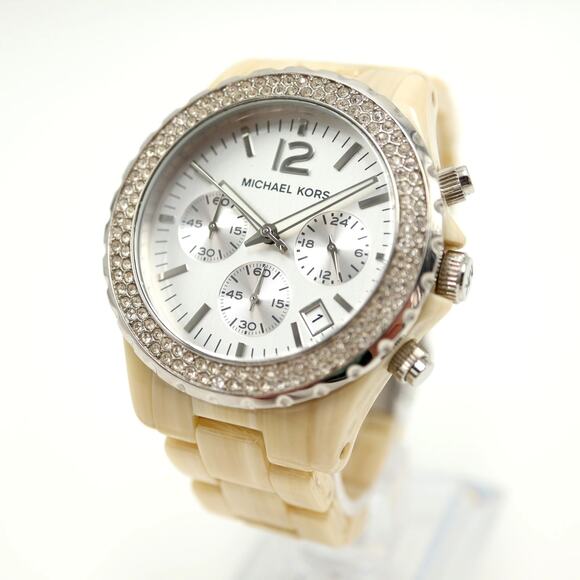 Michael Kors 42mm Chronograph Watch 6" Jet Set Horn Beige Acrylic w New Battery - Picture 1 of 13